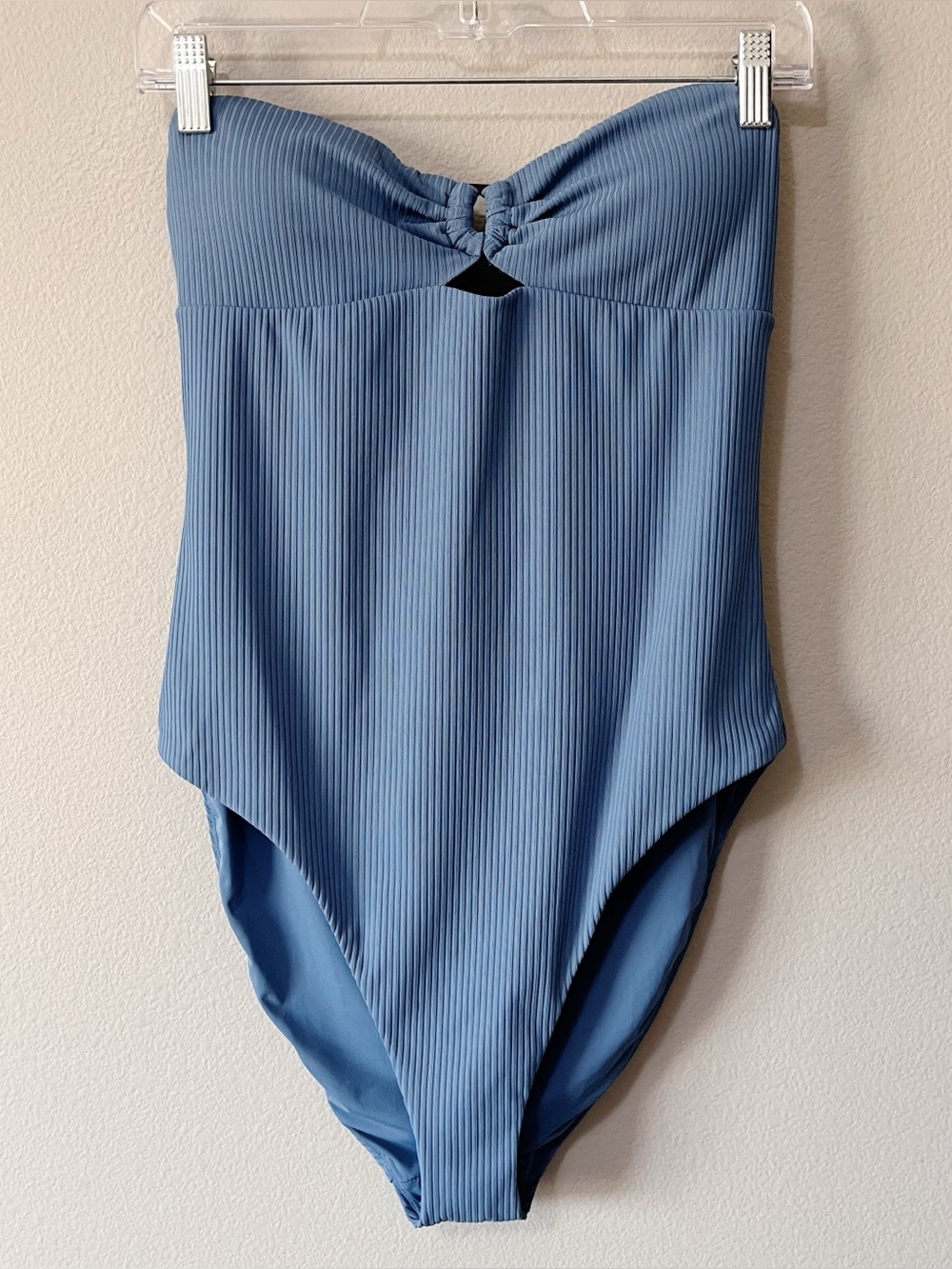 Andie Blue Ribbed Strapless Bandeau Keyhole One Piece Swimsuit Size Large